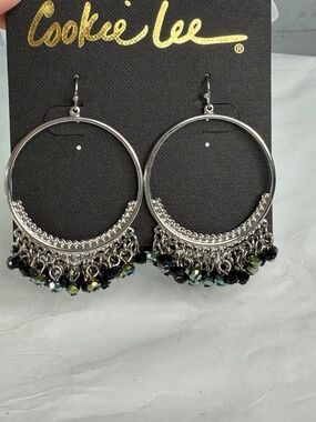 Cookie Lee Genuine Faceted Crystal Earrings Silver Hoops Dangles French Hook